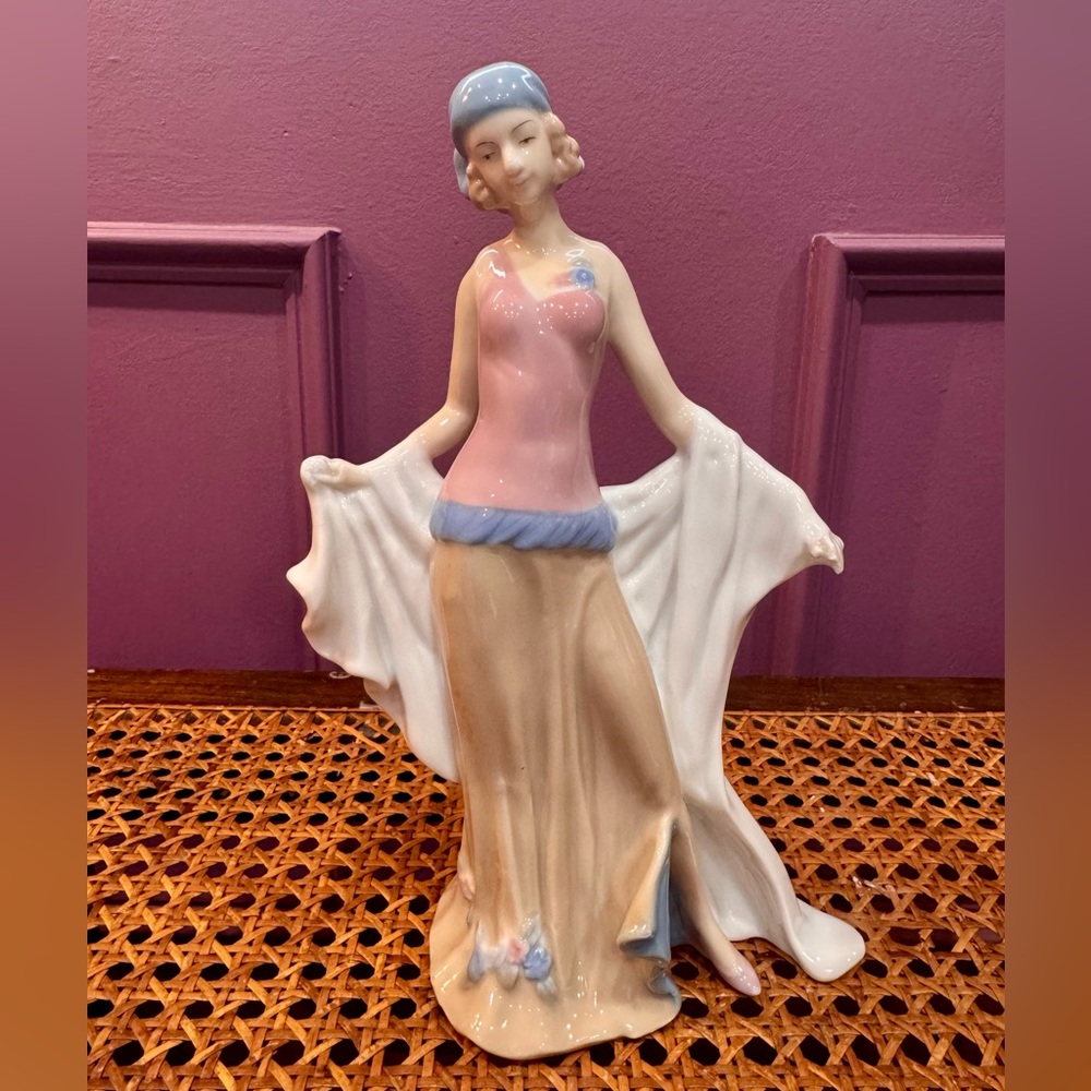 Art Deco Elegant Porcelain Figurine with Pink and Blue Dress